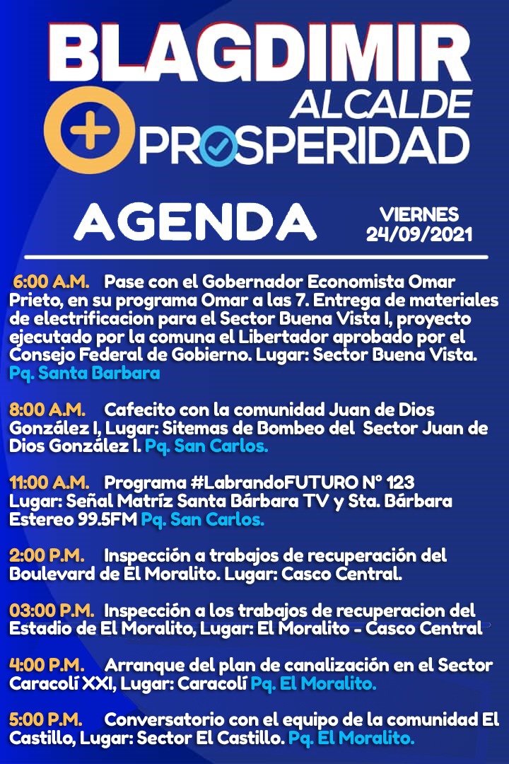 EconBlagdimir's tweet photo. #24Sep Comparto nuestra agenda de actividades de este viernes, para el bienestar de nuestro pueblo Colonés! #VacúnateYa
#LabrandoFUTURO https://t.co/1oVAZE6oI3