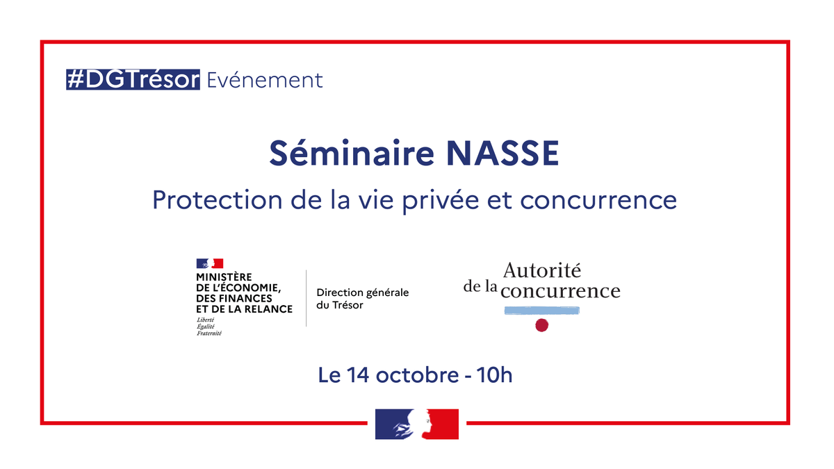 #SaveTheDate Notre prochain séminaire Nasse, organisé avec l'<a href="/Adlc_/">Autorité de la Concurrence</a>, aura lieu en visioconférence le 14 octobre, sur le thème de la protection de la vie privée et concurrence.

📝Inscrivez-vous ➡️ tresor.economie.gouv.fr/Evenements/202…