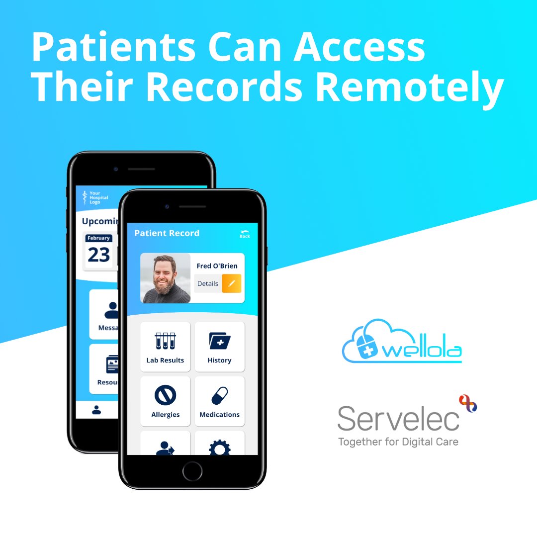 Wellola's tweet photo. @Wellola fully integrates with your hospital or practice's electronic record system using FHIR APIs so patients can access their records remotely

Now partnered with @Servelec_

NHS buyers may procure us via #DFOCVC https://t.co/4i612XB8x4

#patientaccess 
#patientcenteredcare https://t.co/w3U3JiZ6R2