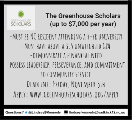 LindseyBKennedy's tweet photo. Check out this week's #FreeMoneyFriday! The Greenhouse Scholars program awards up to $7,000 per year and provides additional support throughout college. Deadline is November 5th! 🎓💵 @ForbushHS @GH_Scholars https://t.co/bQwnpWcLLk