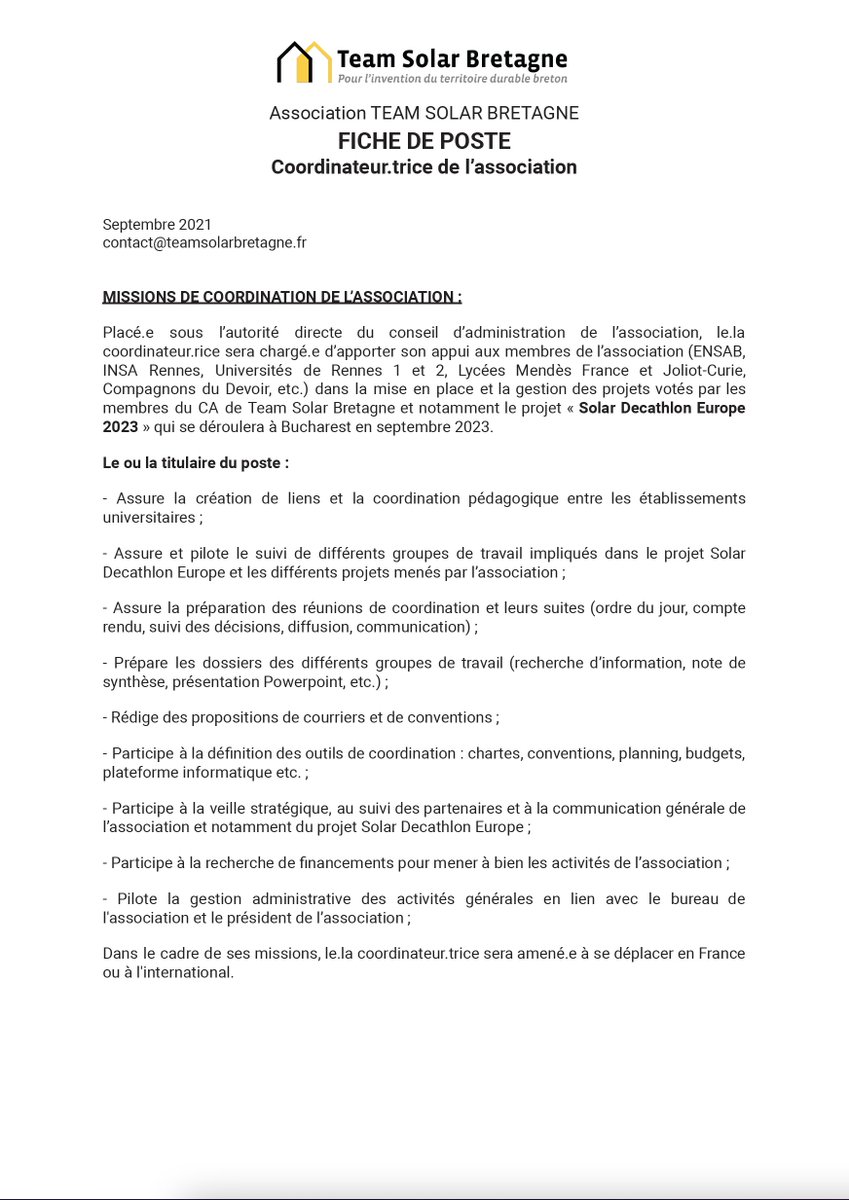 TEAM_BRETAGNE's tweet photo. Pour mener à bien notre projet "Solar Decathlon Europe 2023", l'association Team Solar Bretagne cherche à recruter un.e coordinateur.trice pour ces prochains mois. https://t.co/j5chuyOm7d