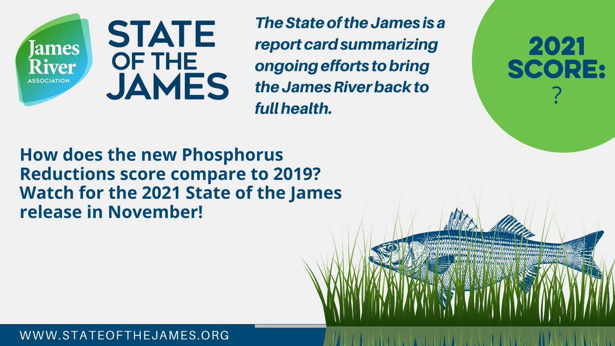 JRAvirginia's tweet photo. Phosphorus levels in the #JamesRiver have fallen since the 1980s. Elevated phosphorus levels are dangerous for our waterways because they cause poor water clarity, fish kills, & habitat reductions. Look for the 2021 score in our upcoming #StateoftheJames report! https://t.co/rfqA1z3gRN