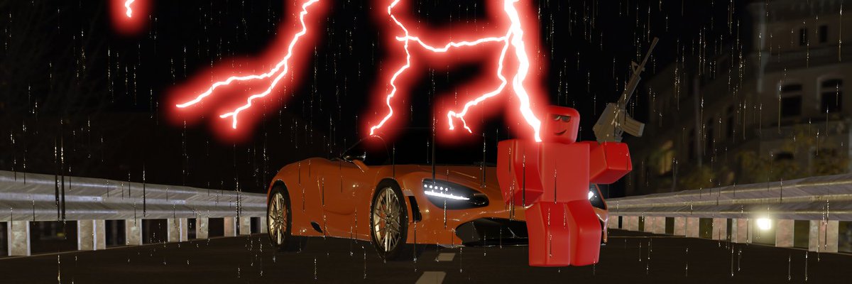 HolyLordRed's tweet photo. This was supposed to be an animation render but I can't render animations yet because of bad pc so here are some image renders of it.😔Gun, guard rail, road, thunder bolt and rain was made by me. HDRI from hdri haven. Car from blenderkit.

#Roblox #RobloxDev #RobloxGFX #robloxart https://t.co/YRVRcH8l0X