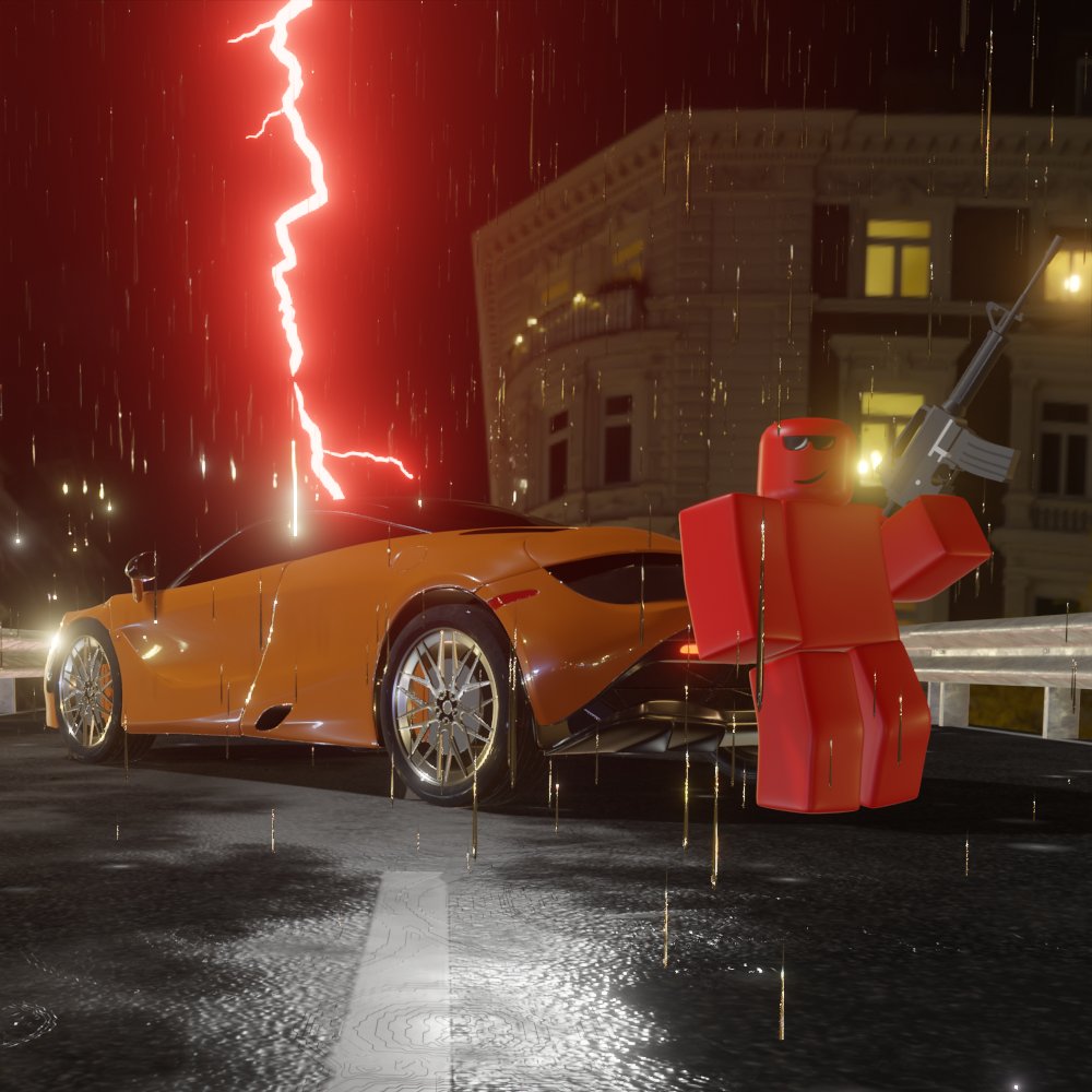 HolyLordRed's tweet photo. This was supposed to be an animation render but I can't render animations yet because of bad pc so here are some image renders of it.😔Gun, guard rail, road, thunder bolt and rain was made by me. HDRI from hdri haven. Car from blenderkit.

#Roblox #RobloxDev #RobloxGFX #robloxart https://t.co/YRVRcH8l0X