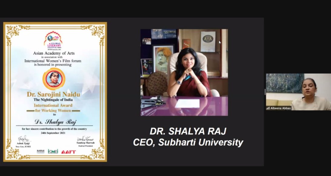 subhartigroup's tweet photo. The Chief Executive Officer of #Subharti Group &amp; Swami Vivekanand Subharti University – Prof. (Dr.) Shalya Raj was conferred with Dr. Sarojini Naidu International Award for Working Women on the 24th of September 2021 during a virtual event. https://t.co/yt1WislCdm