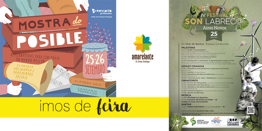 AmarelanteSCG's tweet photo. Non temos o don da ubicuidade pero este sábado poderás atoparnos en dous sitios diferentes: a Mostra do Posible de Cangas e o Son Labreg@ en Vilar de Santos (Espazo Carabuñas). Vémonos? #AmarelanteDeFeira #sonlabreg@ https://t.co/GpgSGht4cm