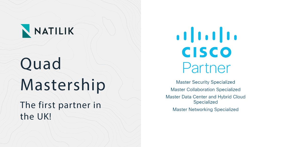 The Natilik team is so incredibly pleased to announce that Natilik are the first <a href="/Cisco/">Cisco</a> partner in the UK to be awarded #QuadMastership 🎉. A huge congratulations to all of those involved in this fantastic #achievement!