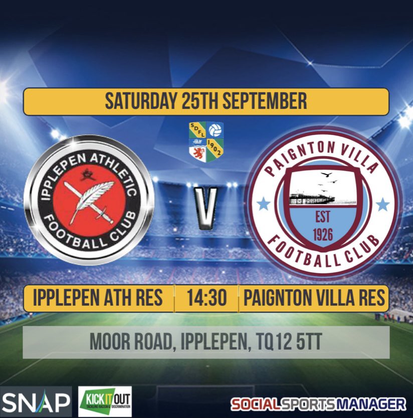 Two big away games for the men’s teams this weekend.  
⚽️ First team away vs Kingsteignton
🗓 Saturday 25th Sept 
📍 Broadway Road, Kingsteignton, TQ12 3EH
⏳14:30 kick off
⚽️ Reserve team away vs Ipplepen 
🗓 Saturday 25th Sept 
📍 Moor Road, Ipplepen, TQ12 5TT
⏳14:30 kick off