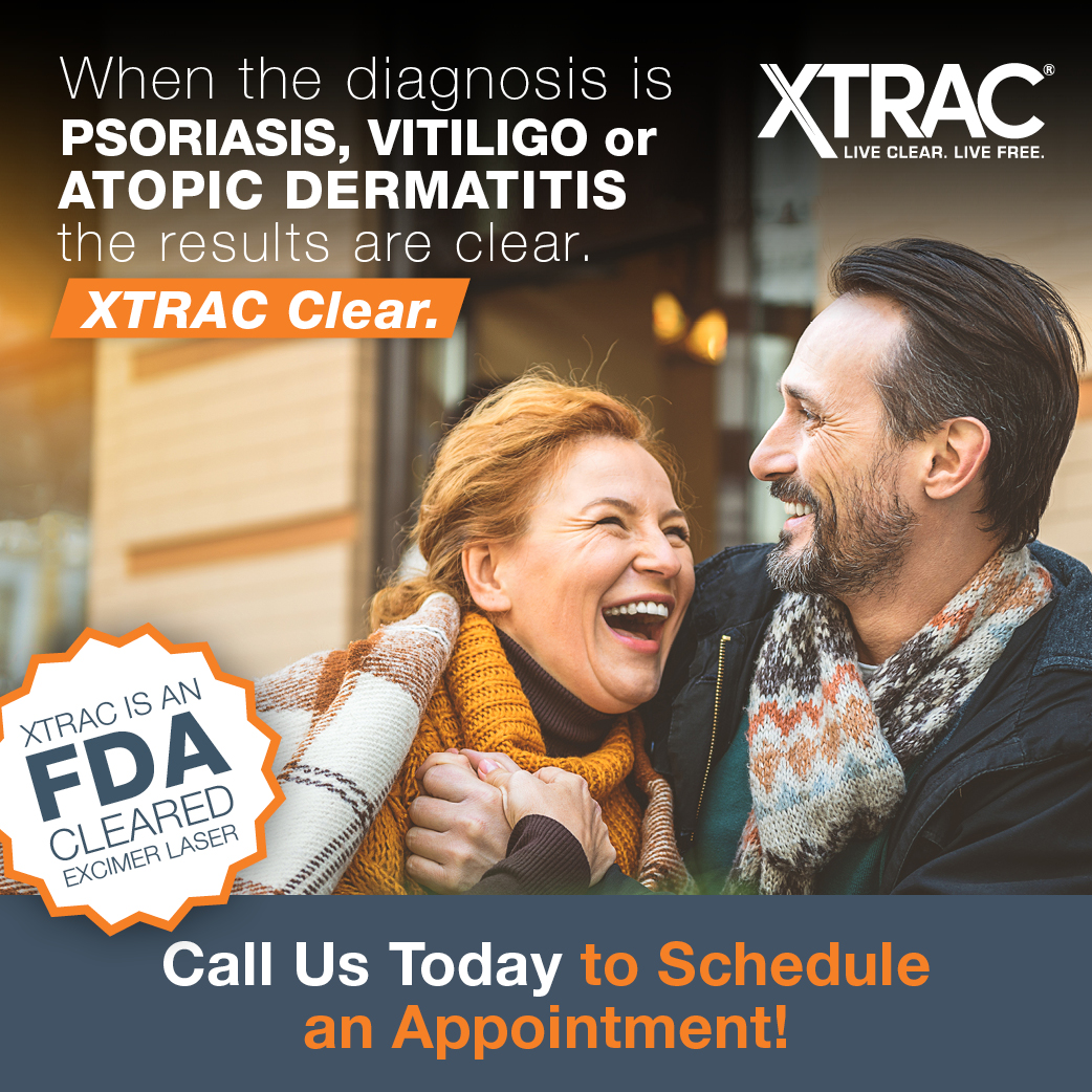 When the diagnosis is Psoriasis, Vitiligo, or Atopic Dermatitis...the results are clear.  XTRAC CLEAR!  Call 800-814-9395 today to find an XTRAC dermatologist near you!

#xtrac #xtracclear #psoriasis #psoriasistreatment #vitiligo #vitiligotreatment #atopicdermatitis #skin