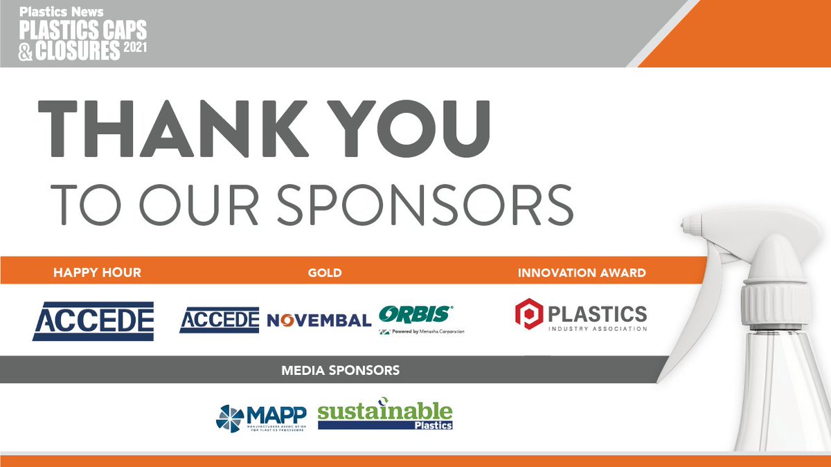 plasticsnews's tweet photo. Thank you to our Caps & Closures Sponsors @AccedeMold, Novembal, @orbiscorp, @PLASTICS_US, @MAPP_plastics and @SustainPlastics. Your support made #PNCaps a success! #PlasticsNews https://t.co/5YaQGgbm9y