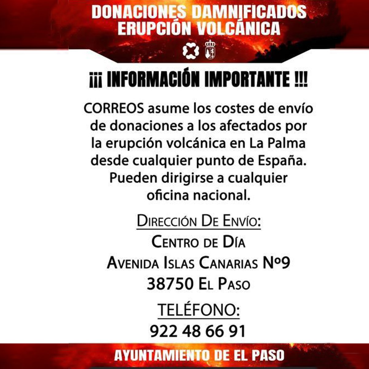 fedepalma_lp's tweet photo. 🔴#COMUNICADO🔴
#CorreosEspaña pone todos los puntos de oficinas nacionales a disposición para envíos GRATUITOS a #LaPalma.
❤️❤️GRACIAS❤️❤️ https://t.co/K3qiDdOfX2