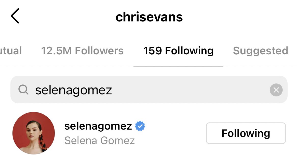 GomezSource's tweet photo. Chris Evans started following Selena Gomez on Instagram https://t.co/44NBGsE7fp