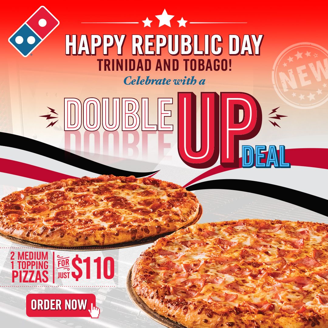 dominospizzatt's tweet photo. ๐น๐น ๐๐ฎ๐ฝ๐ฝ๐ ๐ฅ๐ฒ๐ฝ๐๐ฏ๐น๐ถ๐ฐ ๐๐ฎ๐ ๐ง๐ฟ๐ถ๐ป๐ถ๐ฑ๐ฎ๐ฑ & ๐ง๐ผ๐ฏ๐ฎ๐ด๐ผ ๐น๐น
We are open today and READY to DELIVER! Get your Republic Day BITE on with a #DoubleUpDeal - 2 Medium 1 Topping Pizzas for just $110 ๐ https://t.co/33dGnHHb9n