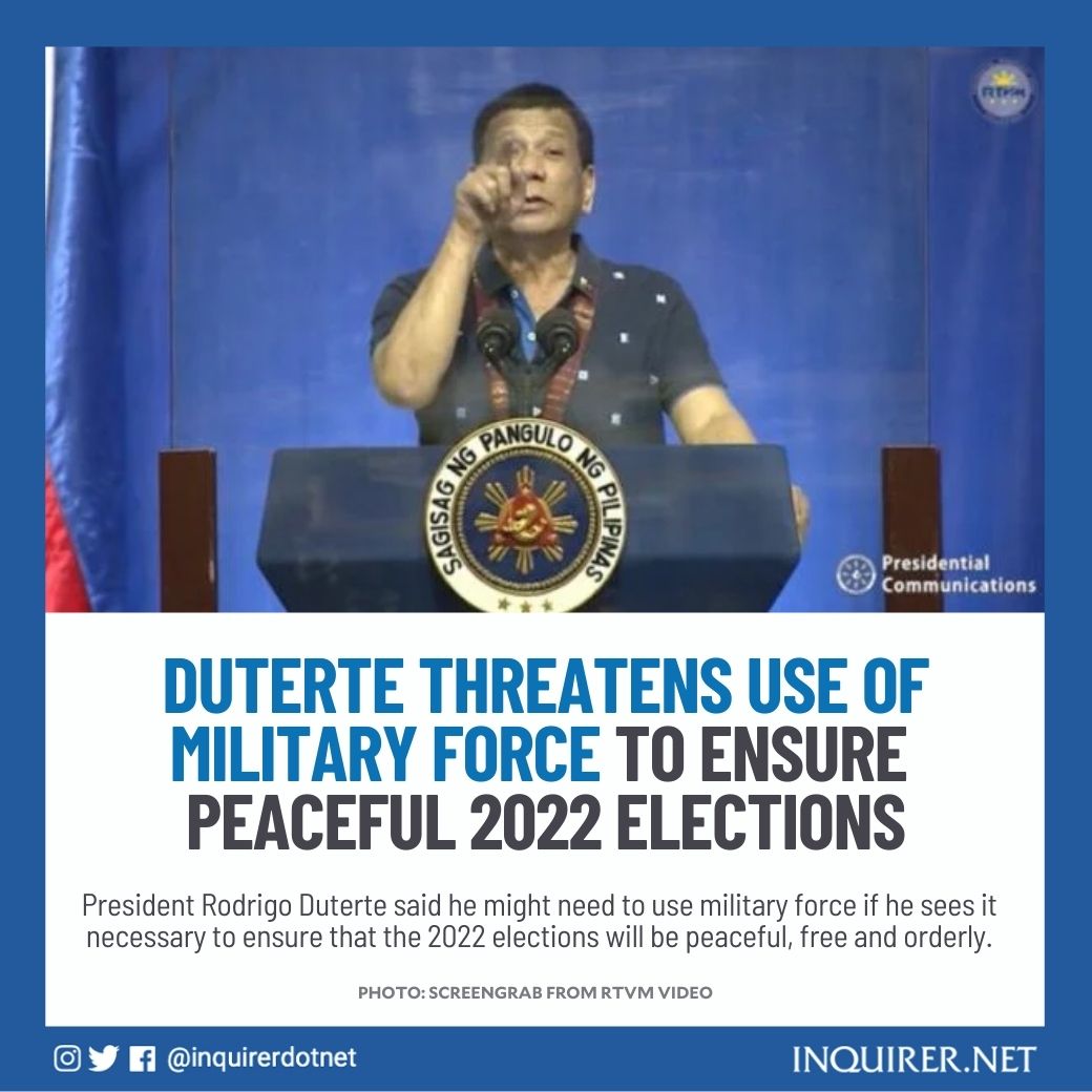inquirerdotnet's tweet photo. Duterte: “Nakikiusap na ako, I’m pleading almost praying that people will really stick to the rule of law and avoid violence. Kapag hindi, unahan ko na kayo, then I will be forced to use the might of the military."

READ: https://t.co/8zfxFeQ3tY https://t.co/yyP62rkKbx
