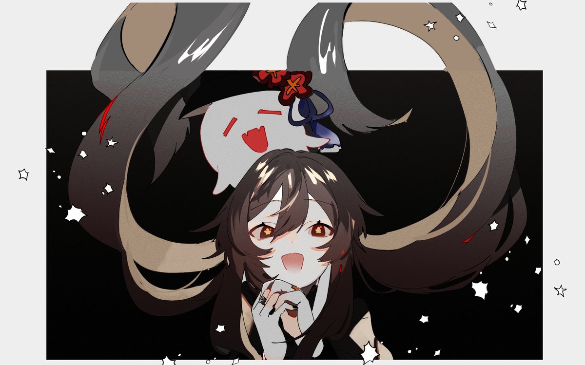 hu tao (genshin impact) 1girl ghost brown hair open mouth long hair symbol-shaped pupils black nails  illustration images