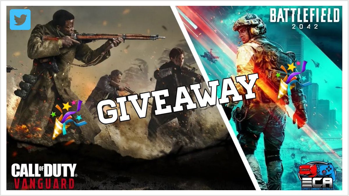 HypeECA's tweet photo. 🎉#Giveaway time 🎉

#Win your choice of either #cod #vanguard or #battlefield 2042 on the Platform of their choice.

To participate: 
1. #Retweet 
2. Follow &amp; Like @HypeECA &amp; @FlippinSpuds
3. Tag 1 friend 
#Competition Ends  31/10.

#Aus residents only, Age 15+
#FreebieFriday https://t.co/OFIzfFG7Bm