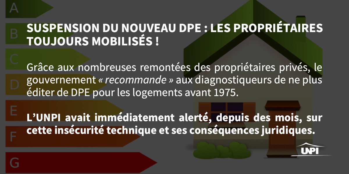 🚨Suspension du nouveau #DPE : les #propriétaires toujours mobilisés❗️

Grâce aux remontées des #propriétaires, le gouvernement « recommande » aux diagnostiqueurs de ne plus éditer de #DPE pour les logements avant 1975. 

ecologie.gouv.fr/diagnostic-per…