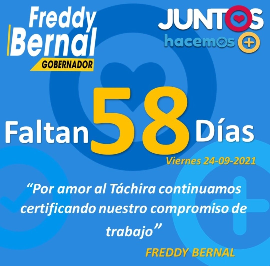 Charly Rojas Chaves (@charlychaves) on Twitter photo ➡️Nuestro Futuro Gobernador <a href="/FreddyBernal/">Freddy Bernal</a> 💛🖤
✅Faltan 58 días
#JuntosHacemosMas
"Por amor al Táchira continuamos certificando nuestro compromiso de trabajo"
#VacúnateYa
<a href="/Juntosxtachira1/">Juntos por Táchira</a>
<a href="/PSUVTachira/">PSUV Táchira</a>
@MPPEDUCACION
<a href="/_LaAvanzadora/">Yelitze Santaella</a> ➡️Nuestro Futuro Gobernador <a href="/FreddyBernal/">Freddy Bernal</a> 💛🖤
✅Faltan 58 días
#JuntosHacemosMas
"Por amor al Táchira continuamos certificando nuestro compromiso de trabajo"
#VacúnateYa
<a href="/Juntosxtachira1/">Juntos por Táchira</a>
<a href="/PSUVTachira/">PSUV Táchira</a>
@MPPEDUCACION
<a href="/_LaAvanzadora/">Yelitze Santaella</a>