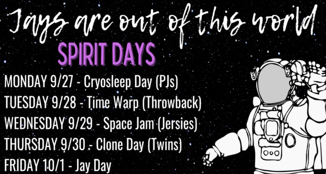 See you for Homecoming Sprit Days #jaybird - Jays are Out of this World🚀❤️🖤#jchsjays #jaypride