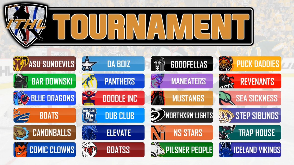 IceTiltHL's tweet photo. Here are the 24 teams participating in the S7.5 Tournament starting Monday!
Tonight at 8:00 EST @m00nerCHEL will be streaming the Pool selection.
There will be 6 Pools of 4 with the Top 2 from each Pool + 4 Wildcards making the Playoffs.
Tune in to see where your team ends up! https://t.co/vylY9B5eLv