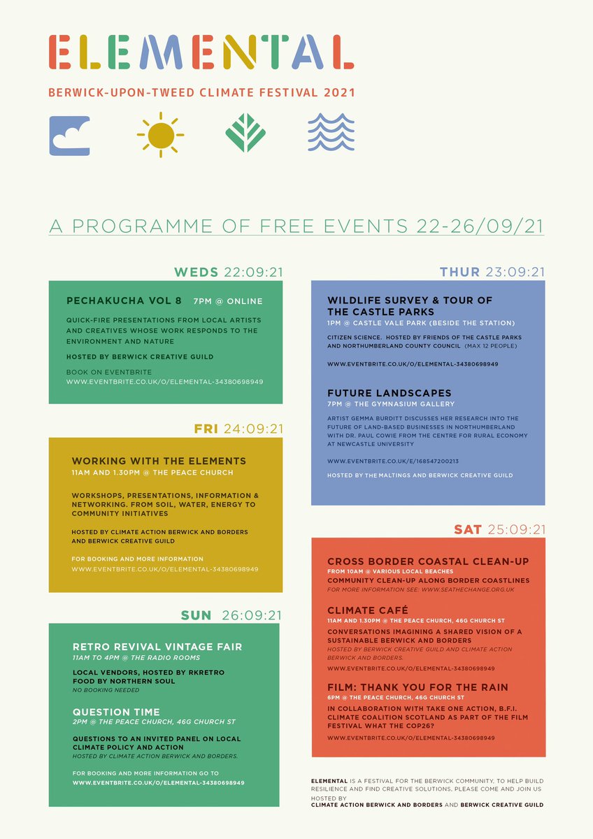 berwickclimate's tweet photo. 🌱 ELEMENTAL 🌱 our inaugural climate festival continues today and all weekend. Join us for a climate café, talks, a film screening and a vintage fair. https://t.co/dphRq9ZIYG