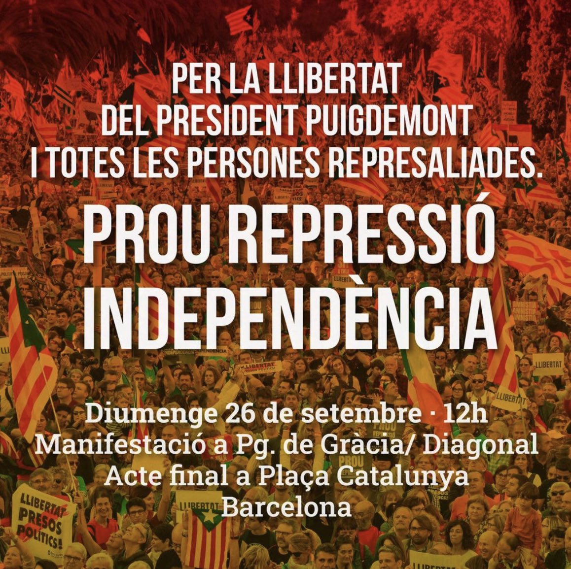 AMI__cat's tweet photo. ⭕️Convoquem una manifestació per reclamar la llibertat del president @KRLS i de tots els represaliats

📅 Diumenge, 26 de setembre
⏰ A les 12 del migdia
📍 Pg de Gràcia amb Diagonal
📢Convocada per @assemblea @omnium @ConsellxRep i @AMI
#FreePuigdemont https://t.co/zLw0X554Ry