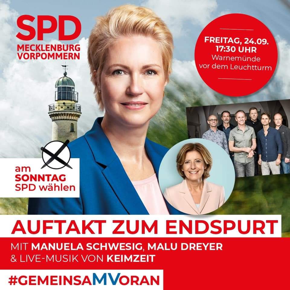 Auch in Neubukow hiess es heute noch einmal: „Jede Stimme zählt!“

#GemeinsaMVoran mit Frank Junge für den Bund und Stefanie Drese fürs Land. 💪🏻

Und denkt daran: Heute ab 17:30Uhr findet der Auftakt zum Endspurt in Warmemünde vor dem Leuchturm statt. Mit Livemusik von Keimzeit.