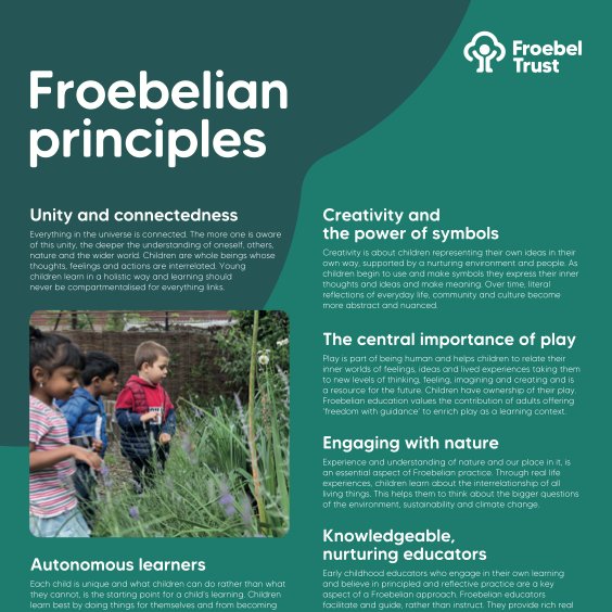 We have a new poster for you - illustrating how the principles of #Froebel's work are part of modern #earlyyears educational practice. Free to download, print &amp; display in your school, staffroom, classroom or EY setting. Pls share with friends &amp; colleagues froebel.org.uk/news/new-froeb…