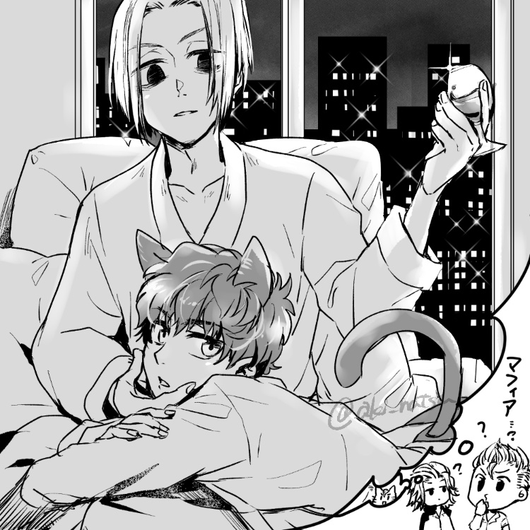 マイ武Webオンリーに参加する橘高さん(@zenkajai)に、サークルカットを描かせていただいたました!「何かリクエストありますか?なければ夜景を背景にワイン片手に猫ミッチーを撫でているマフィアなマイ武にします」と言ったら何故かそのまま通ったマイ武です。お納め下さい。 