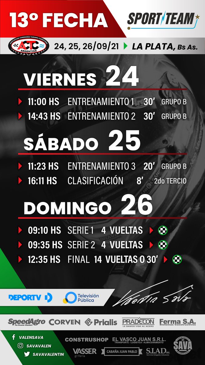 ⌚️ HORARIOS -> 13ª FECHA 👊

🟢 <a href="/EquipoSportteam/">Equipo Sportteam</a> ⚫️ #96 

#TCPistaMouras <a href="/actcargentina/">Turismo Carretera ACTC</a>