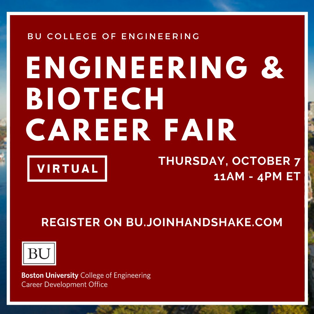 BU_PhDs's tweet photo. Looking for a new opportunity to come your way? The Engineering and Biotech Career Fair is being hosted virtually on Thursday, October 4th from 11 AM - 4 PM EST! Register at https://t.co/QgsaitSiMC! #phdpd #jobsearch #phdadvice https://t.co/BesCnDzkZC