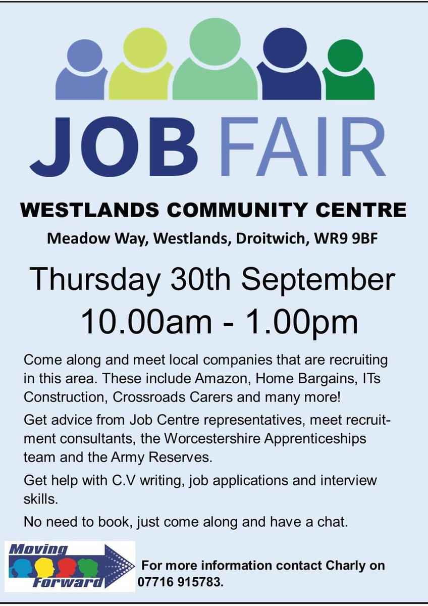 nikkibeeston's tweet photo. The Moving Forward Project is excited to be holding a Job Fair on Thursday 30th September at Westlands Community Centre, Doors open 10.00am – 2.00pm. Open to the whole of Droitwich. 

@DroitwichHour @droitwichlib https://t.co/XFbDETEO4C