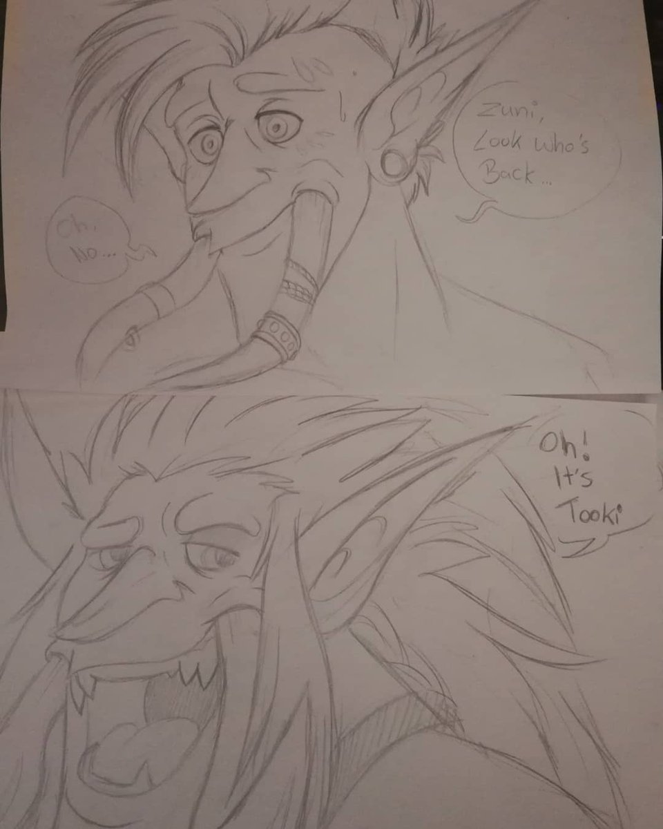 LadyMuffie's tweet photo. Zekhan and Zuni seem to be worried... Homeboy Tooki is back on da Echo Isles! #zekhan #zappyboi #zuni #worldofwarcraft #wowtroll #horde #wowhorde #worldofwarcraftfanart #darkspear #tooki #blizzard #wip https://t.co/sM1XNqDLhb