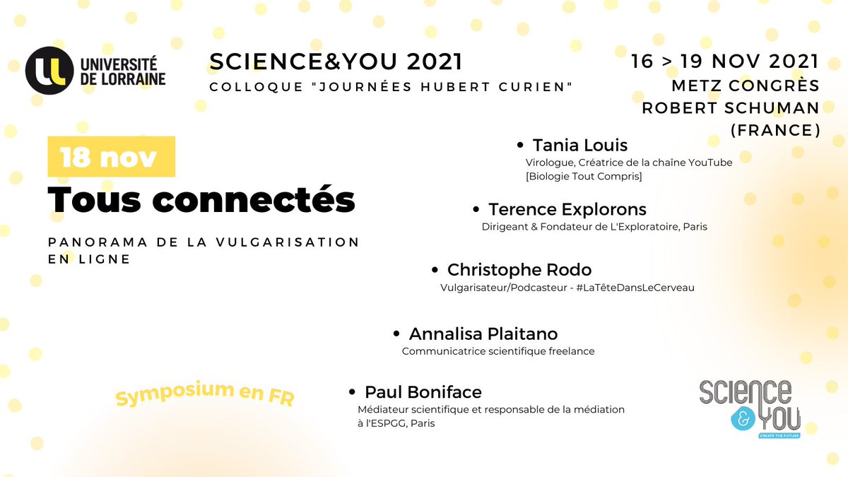 Science_and_you's tweet photo. S𝗲𝘀𝘀𝗶𝗼𝗻𝘀 𝗽𝗮𝗿𝗮𝗹𝗹𝗲̀𝗹𝗲𝘀 #sciyou2021~18/11, participez au symposium « Tous connectés » 
D'autres sessions parallèles à découvrir
📌Esprit critique et éducation
📌Inclusion des publics
📌Chercheurs et médiation scientifique 
Inscription 👉 https://t.co/z3y8m9wAVI https://t.co/8zQsV07Wif