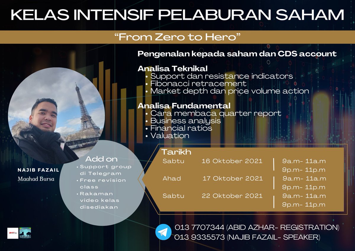 najibfazail's tweet photo. Seperti dijanjikan, secara rasminya pendaftaran Kelas Intensif Pelaburan Saham sesi Oktober 2021 dibuka.

Kelas akan berlangsung sebanyak 6 sesi seperti dalam jadual. Jemput daftar dengan tekan link di bawah : 

https://t.co/EDxY7lekyG https://t.co/94wrwU8gDx