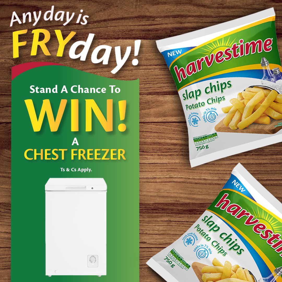 HarvestimeSa's tweet photo. Who knew loving our products would make you a winner? Comment with your favourite meal made with #Harvestime Slap Chips &amp; mention two friends you’d love to share it with &amp; this week you could stand a chance to win one of 5 Chest Freezers 💚 T&amp;Cs Apply https://t.co/bkhEpbXIs4 https://t.co/YzG81qwI1S