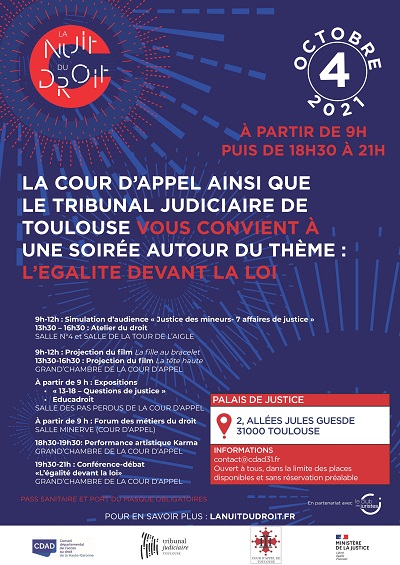CAToulouse's tweet photo. La Nuit du droit est de retour le lundi 4 octobre 2021 au palais de Justice de Toulouse !👍
⚖Découvrez le programme #LaNuitDuDroit https://t.co/IvhxIVuFBZ