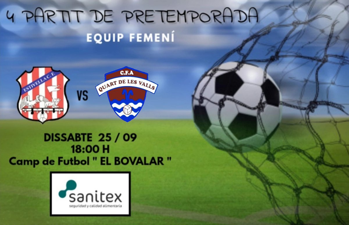 EstivellaCF's tweet photo. 📣 4 PARTIT DE PRETEMPORADA📣

📆 25 - 09 - 2021

⏰ 18:00H

🆚  CFA QUART DE LES VALLS

🏟️ CAMP DE FUTBOL " EL BOVALAR "

VOS ESPEREM AFICIÓ!

AMUNT ESTIVELLA!
🔴⚪⚫
#tornantjahemguanyat
#estivellacfunsentiment
#estivellacffemení https://t.co/9gPv8rsOBb