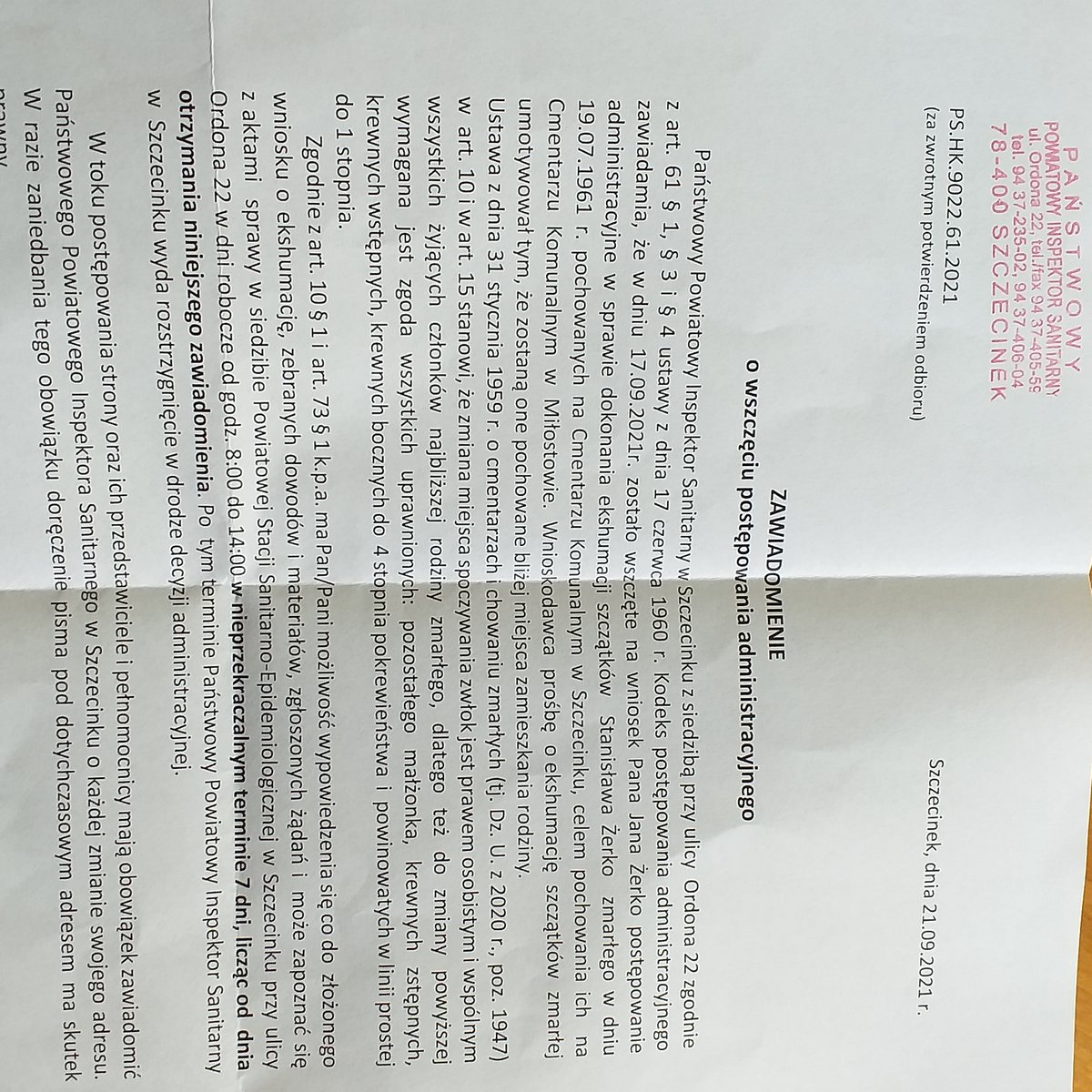 StZerko's tweet photo. Dostałem dziś zawiadomienie z Sanepidu w Szczecinku o wszczęciu postępowania ws. ekshumacji moich szczątków z cmentarza w Szczecinku. I to na wniosek mojego nieżyjącego ojca. I piszą, że zmarłem. https://t.co/499ogf7xZB