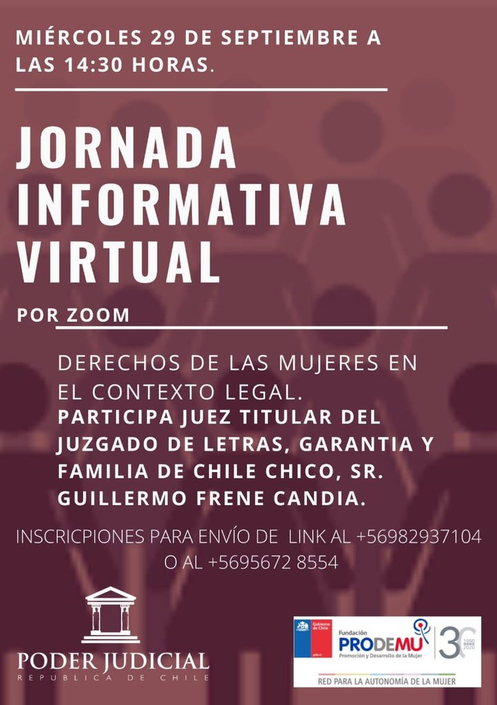 PRODEMUAYSEN_'s tweet photo. 🗣 #CuposDisponibles

👩🏻‍🦱 Mujeres de la #ProvinciaGeneralCarrera Aún estás a tiempo para inscribirte. 

 🗓 Miércoles a las 14:30 hrs ,  el @PJudicialChile y @PRODEMU te invitan a participar de la jornada informativa virtual. https://t.co/fbgKJXZIVc