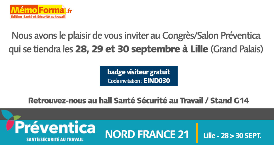 MemoForma's tweet photo. Nous avons le plaisir de vous inviter au Congrès/Salon Préventica qui se tiendra les 28, 29 et 30 septembre à Lille (Grand Palais). @Preventica
 #lille Stand G14 au Hall Santé #SécuritéAuTravail. Venez nombreux !!! #ManuelDeFormation @MemoForma https://t.co/3ZTNYEUZpF