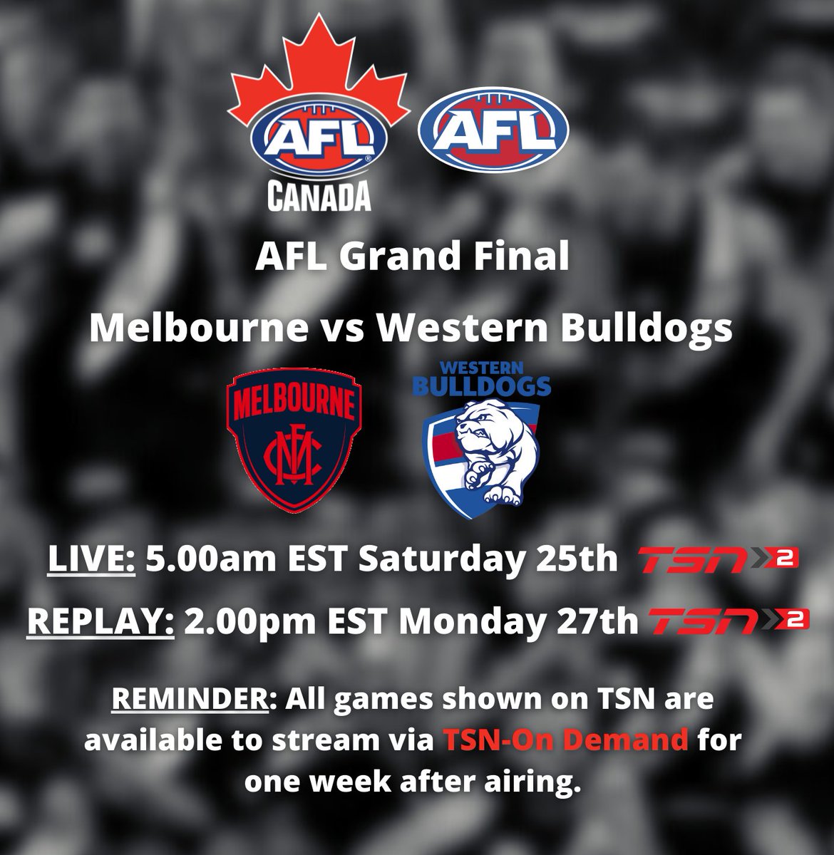 Set the alarm ⏰ 

Boil the coffee ☕️

The AFL Grand Final is here!!! 🏆

Catch the game LIVE on TSN and relive all the glory early next week!

Who ya got????

#joinaflcanada