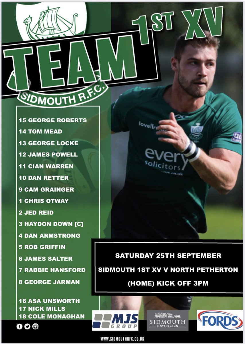 SidmouthRFC's tweet photo. π’ Team News! Sidmouth RFC 1st Team to take on @NPethertonRFC at the Blackmore this Saturday Kickoff 3pm. Come and support the greenmachine! πππ@philldollman @Yenz_2 @VX3apparel @Dukessidmouth @FordsSouthWest #MJSGroup https://t.co/QmChoE99V2