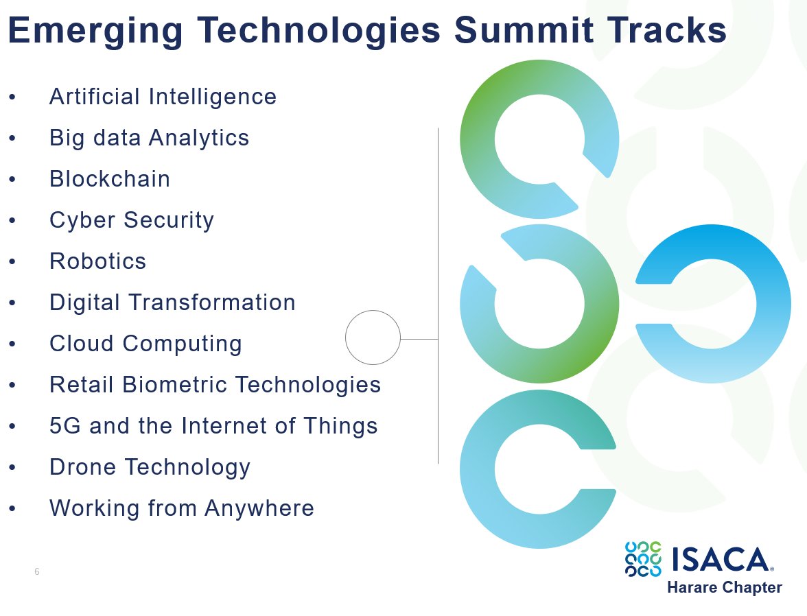 ishesithole's tweet photo. The @HarareIsaca  Emerging Technologies Summit Tracks
Register on https://t.co/Xxp08wXDxh

#IsacaHreETS #ETS2021 #IsacaHarare #ISACA #VumbaZim

#AI #IOT #4IR #ML #CyberSecurity #DigitalTransformation #5GNetwork #robot #Blockchain https://t.co/fvr8tCm9wb