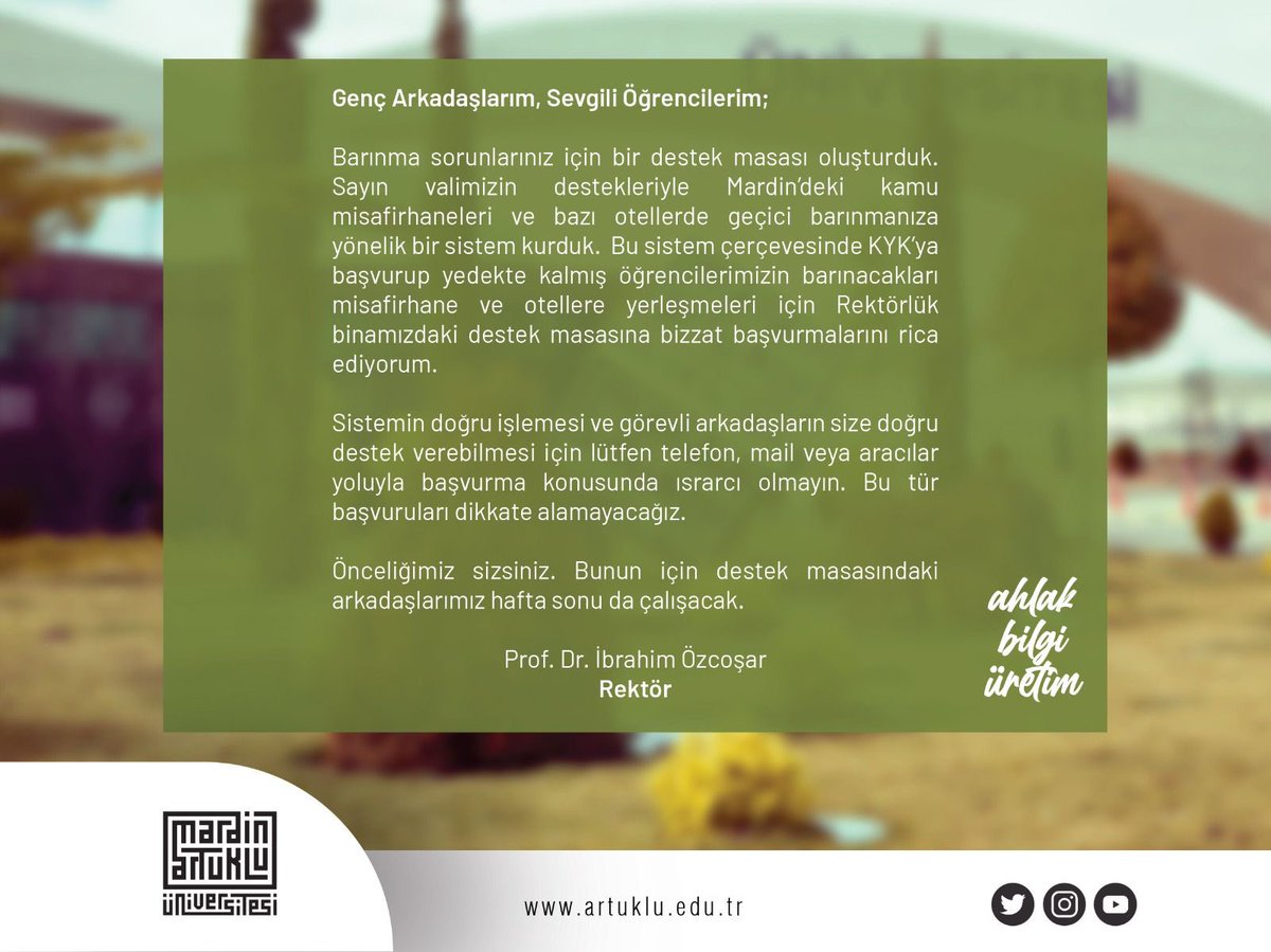 Genç Arkadaşlarım, Sevgili Öğrencilerim;
Barınma sorunu yaşayan öğrencilerimiz aşağıdaki metni okuyup bize ulaşırlarsa sevinirim.