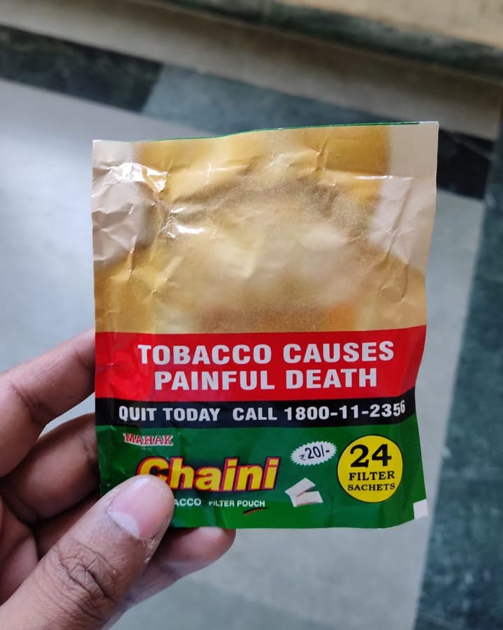 chaini tobacco MOHFW regulations require a picture resolution of 300 dpi for tobacco  health warnings under COTPA. Look at Chaini Khaini flouting the rules  majestically! Same problem with swagat and kuber khaini too. It's
