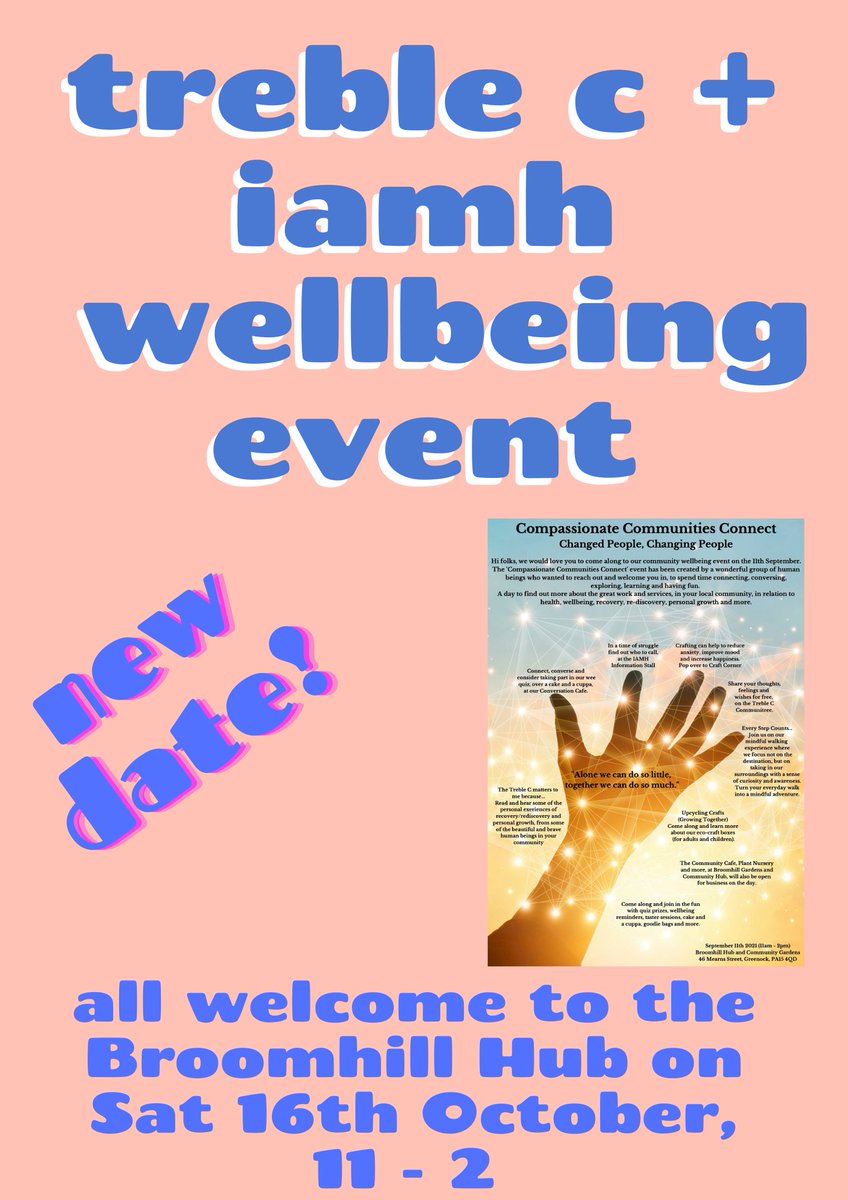 InWorkHub's tweet photo. We have a new date for our #wellbeingevent with Treble C + @ForInverclyde 🤗Join us at the Hub on Sat 16th Oct, 11 - 2, for lots of fun activities. Free to attend + all welcome! #greenock #inverclyde #whatsongreenock #whatsoninverclyde https://t.co/WyBmSgpV4K