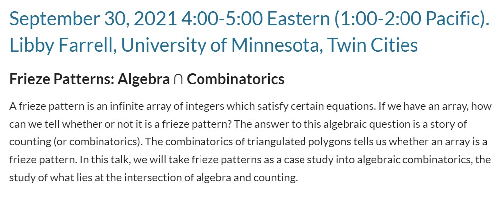 TMWYFriends's tweet photo. Join us next week when Libby Farrell tells us a little bit about algebraic combinatorics through frieze patterns https://t.co/LtBheCYk4k