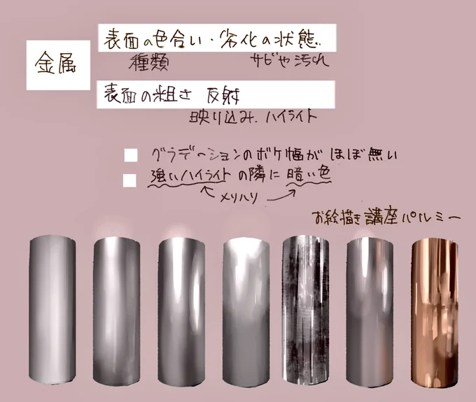 昨日描いたクヌート殿下の鉄の仮面がわからなすぎてhow to金属の世界をのぞいてみました
反射光ってなんや…まずは球と円柱の影を学んでからの方が良いかも
一歩ずつって感じだけど金属は心が踊るなぁ

お絵描き講座パルミー様・まさるドット子様の動画、イラスト・マンガ描き方ナビ様より
 #日々描く 