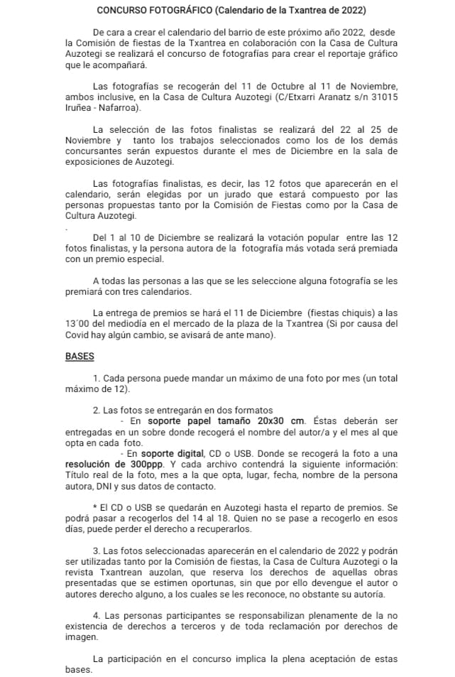 eztandatx's tweet photo. ARGAZKI LEHIAKETA|

2022ko egutegirako argazki lehiaketa martxan dago!! @auzotegi eta @TBatzordea -ri galdetu informazio gehio jasotzeko.

Ya está en marcha el concurso de fotografía para el calendario 2022 de la Txantrea. Para más información preguntar a @auzotegi ó @TBatzordea https://t.co/6fjvNcGWEn